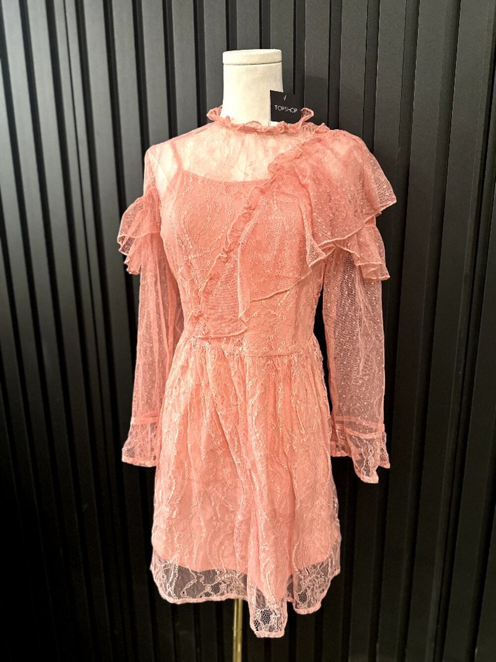 Topshop Pink Lace Long Sleeve Ruffle Mini Dress Romantic Victorian
